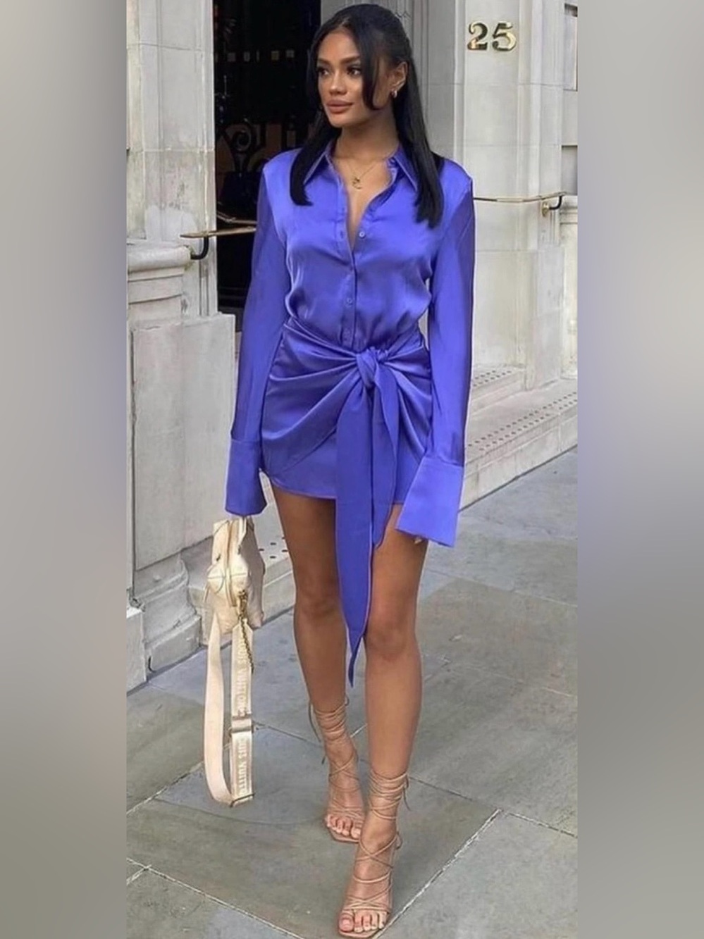 Rat & Boa Sapphire Satin Button-Front Mini Dress with Wrap Tie